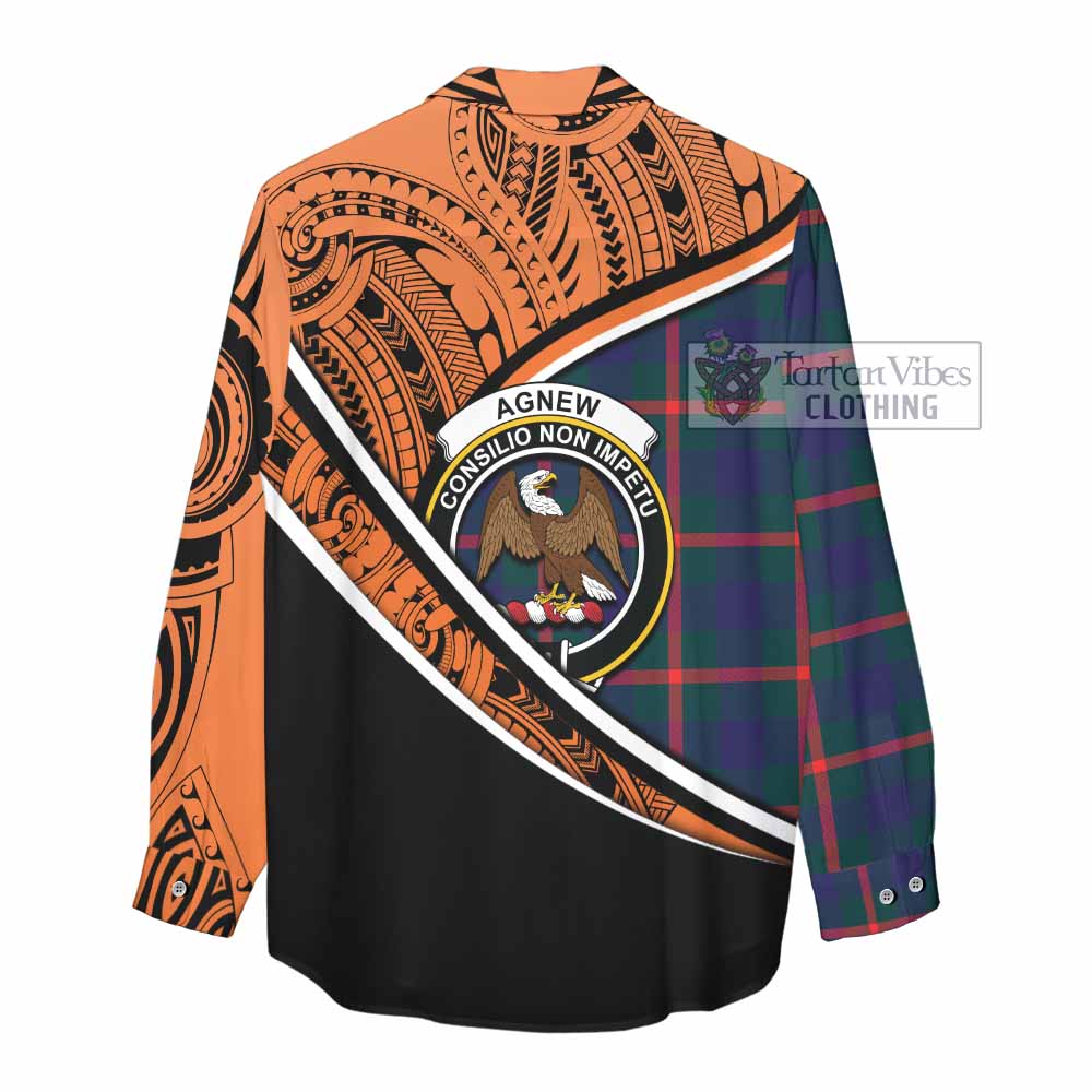 Tartan Vibes Clothing Agnew Crest Tartan Women's Casual Shirt with Maori Tattoo Style - Orange Version