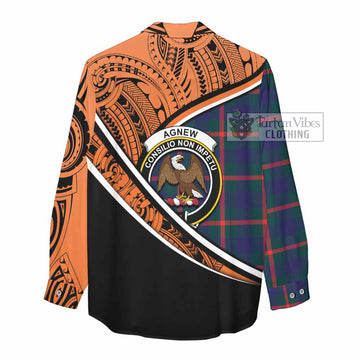 Agnew Crest Tartan Women's Casual Shirt with Polynesian Vibes Style - Orange Version