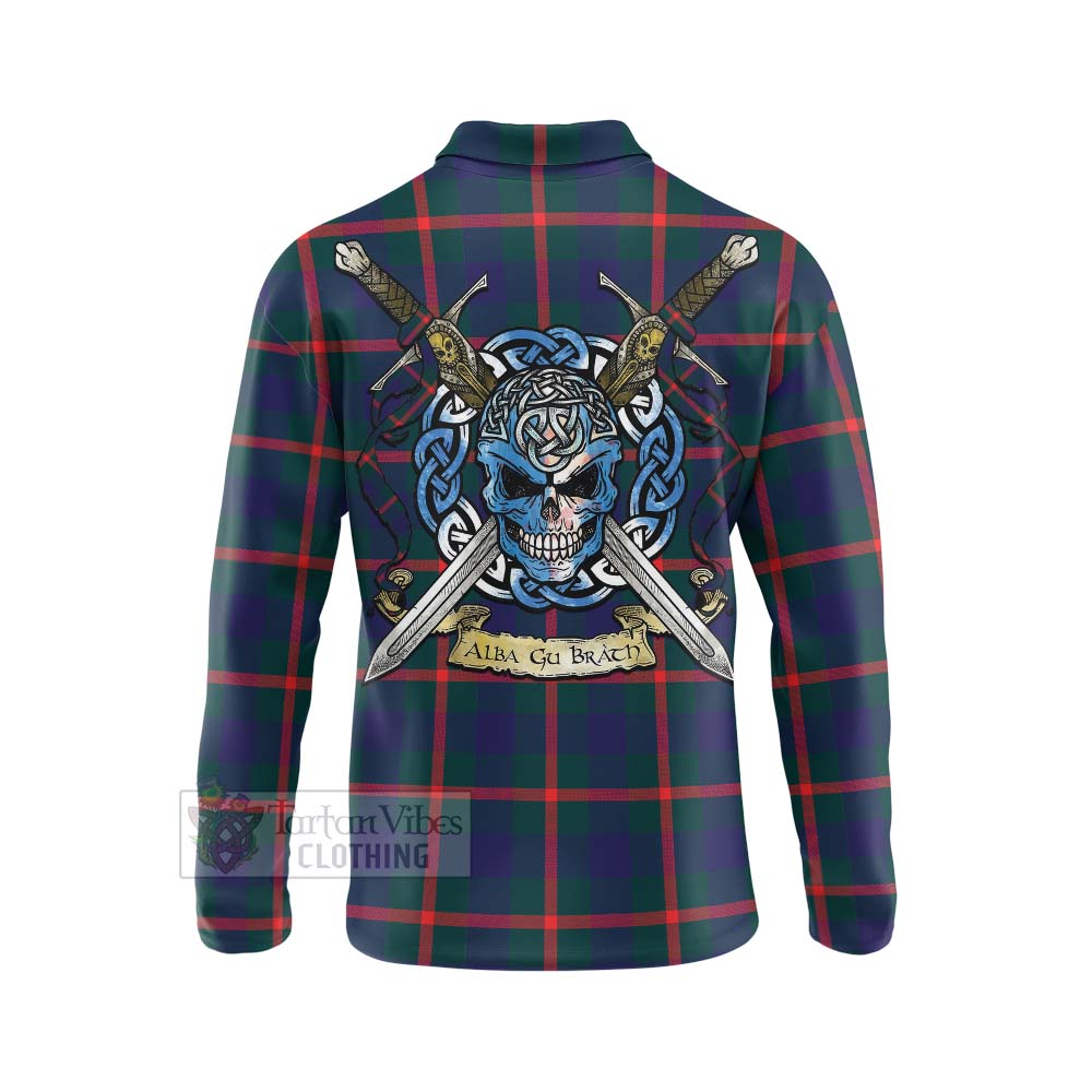 Tartan Vibes Clothing Agnew Tartan Long Sleeve Polo Shirt with Family Crest Celtic Skull Style