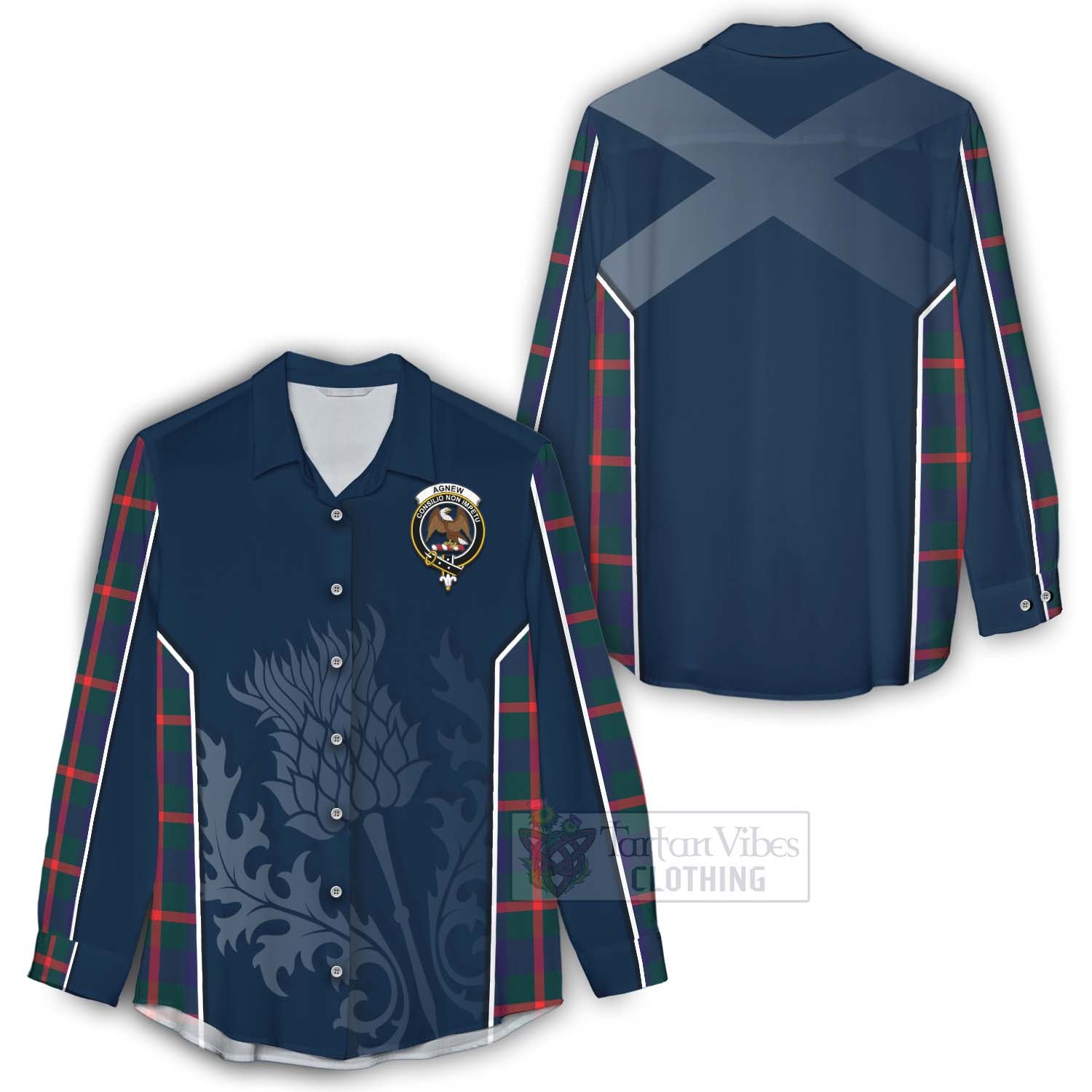 Tartan Vibes Clothing Agnew Tartan Women's Casual Shirt with Family Crest and Scottish Thistle Vibes Sport Style