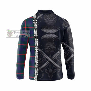 Agnew Tartan Long Sleeve Polo Shirt with Family Crest Cross Sword Thistle Celtic Vibes