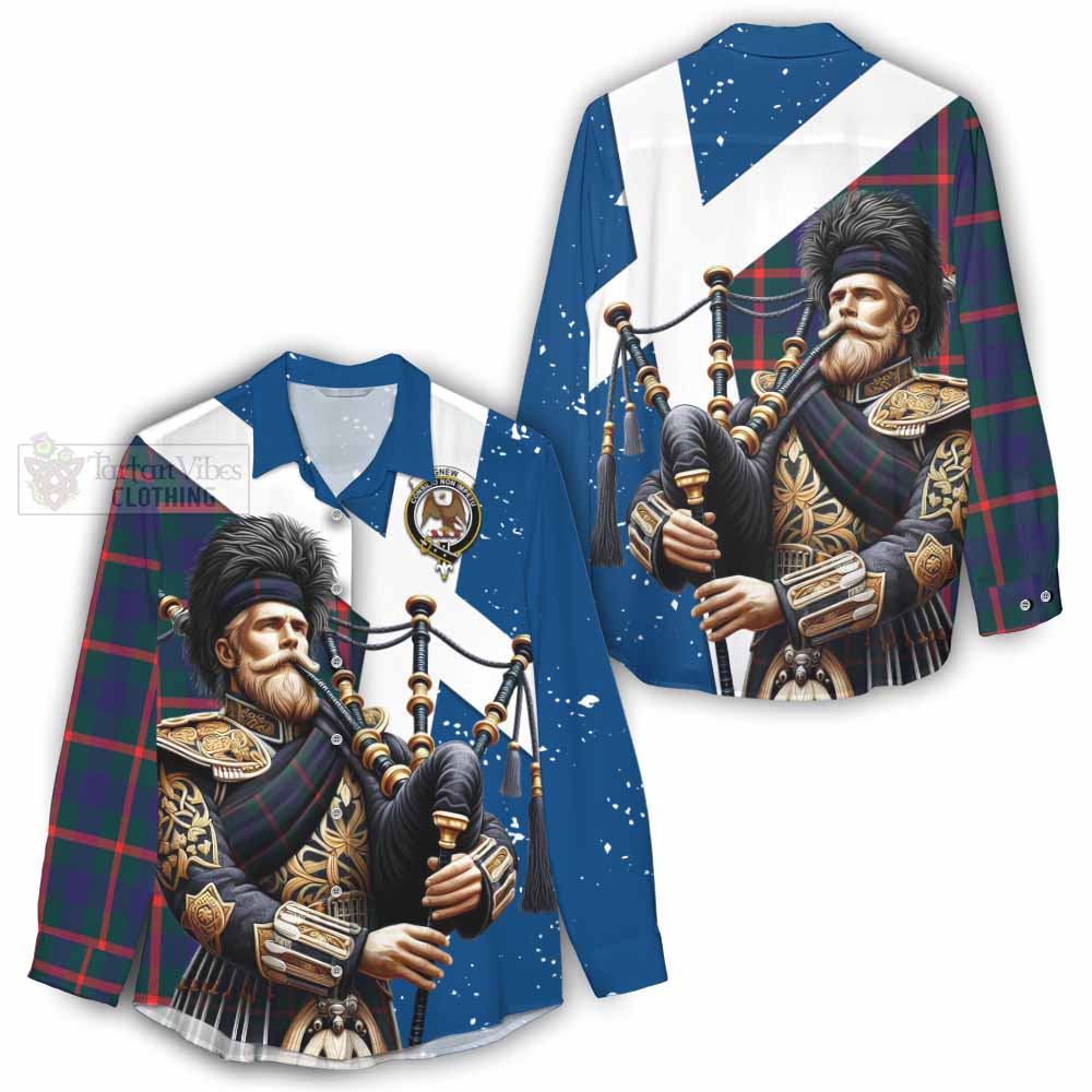 Tartan Vibes Clothing Agnew Tartan Women's Casual Shirt with Family Crest Scottish Bagpiper Vibes