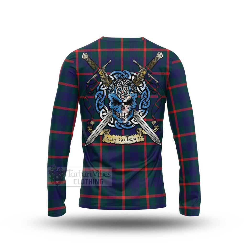 Tartan Vibes Clothing Agnew Tartan Long Sleeve T-Shirt with Family Crest Celtic Skull Style