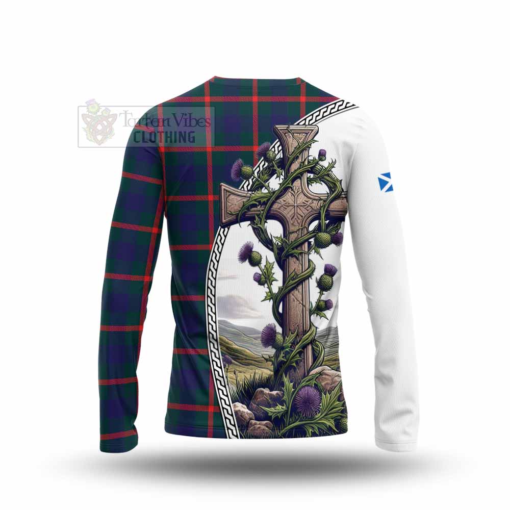 Tartan Vibes Clothing Agnew Tartan Long Sleeve T-Shirt with Family Crest and St. Andrew's Cross Accented by Thistle Vines