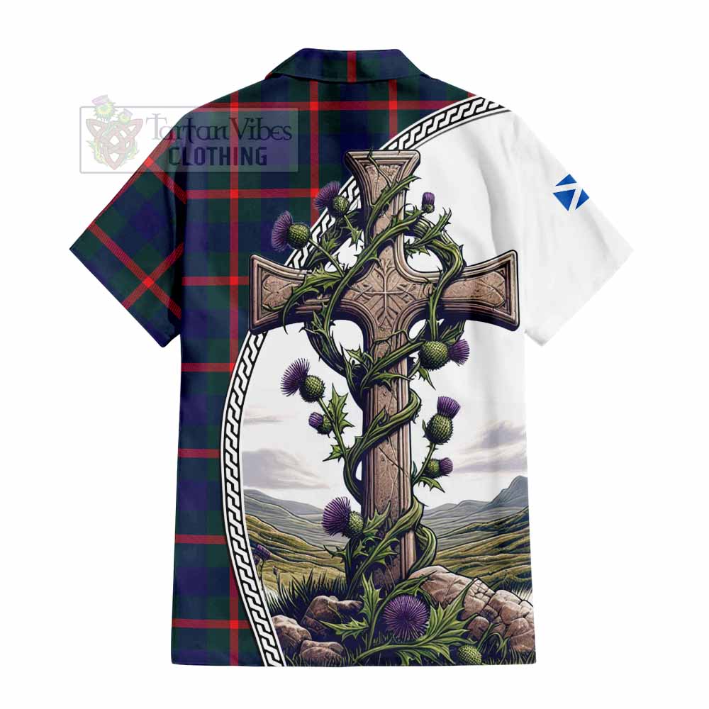 Tartan Vibes Clothing Agnew Tartan Short Sleeve Button Shirt with Family Crest and St. Andrew's Cross Accented by Thistle Vines