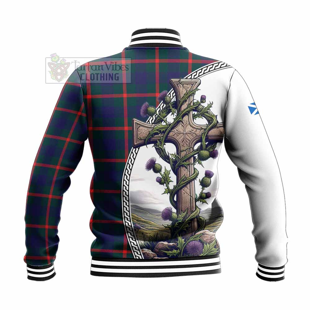 Tartan Vibes Clothing Agnew Tartan Baseball Jacket with Family Crest and St. Andrew's Cross Accented by Thistle Vines