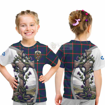 Agnew Tartan Kid T-Shirt with Family Crest and St. Andrew's Cross Accented by Thistle Vines