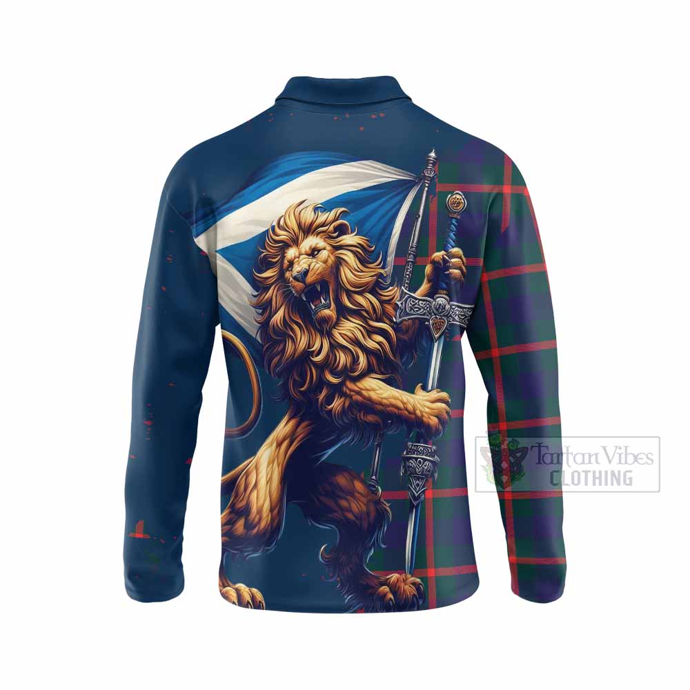 Tartan Vibes Clothing Agnew Tartan Family Crest Long Sleeve Polo Shirt with Scottish Majestic Lion