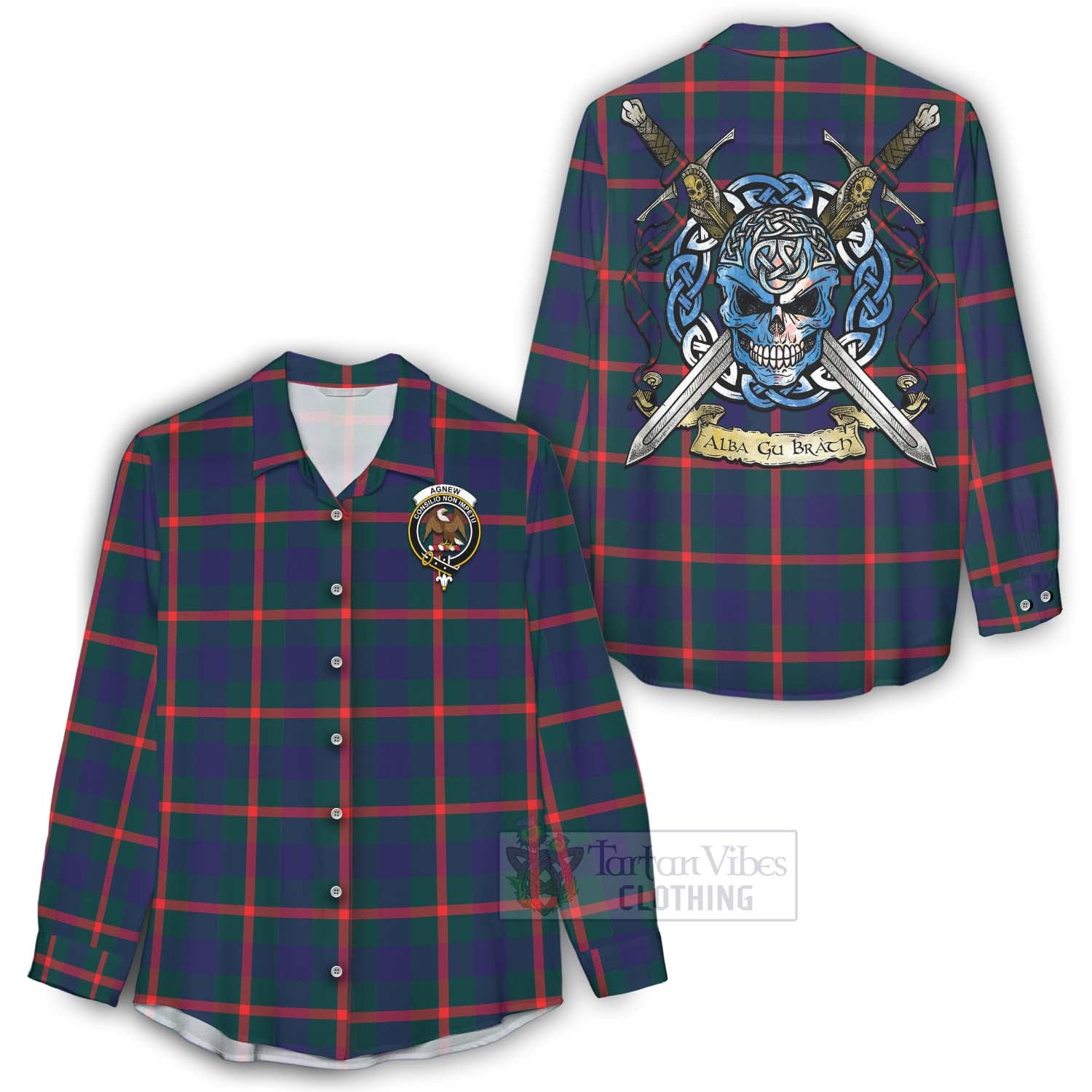 Tartan Vibes Clothing Agnew Tartan Women's Casual Shirt with Family Crest Celtic Skull Style