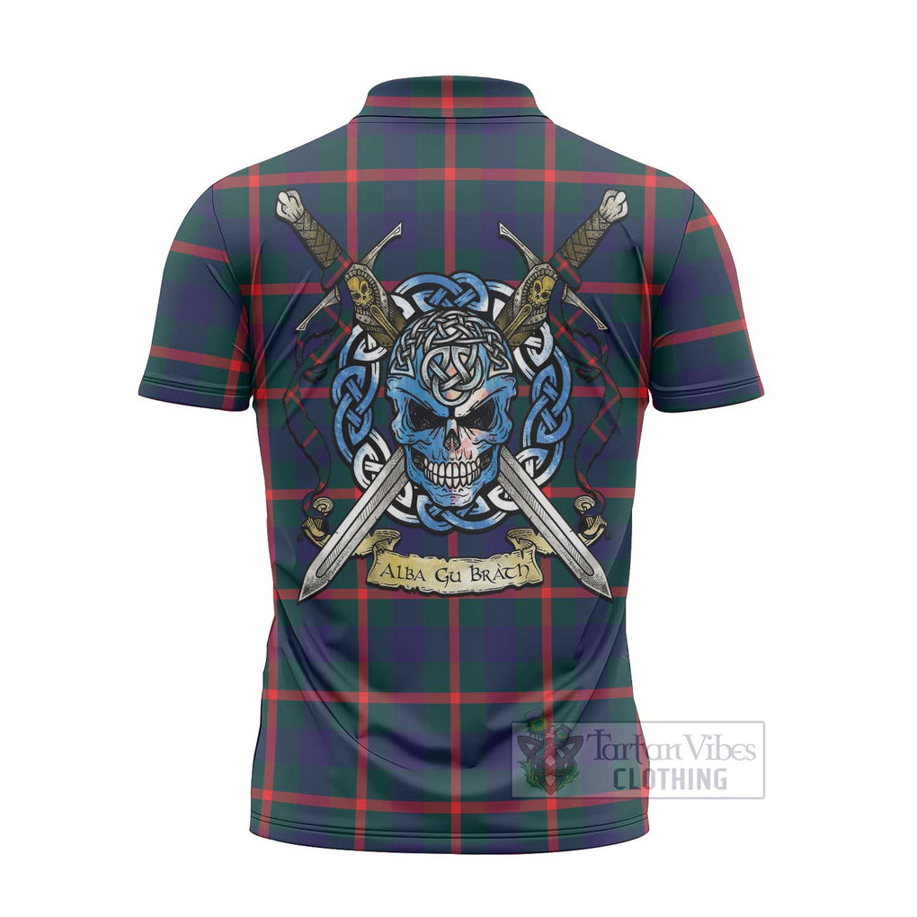 Tartan Vibes Clothing Agnew Tartan Zipper Polo Shirt with Family Crest Celtic Skull Style