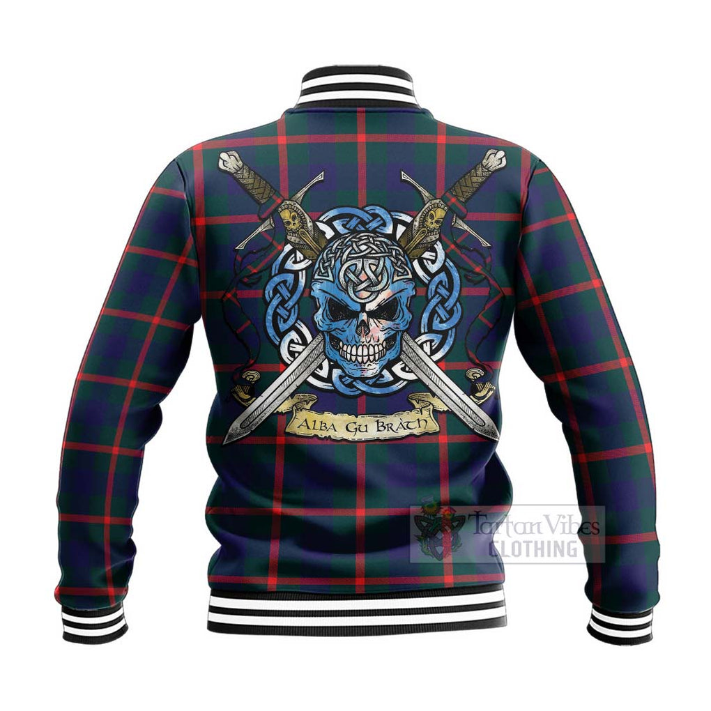 Tartan Vibes Clothing Agnew Tartan Baseball Jacket with Family Crest Celtic Skull Style