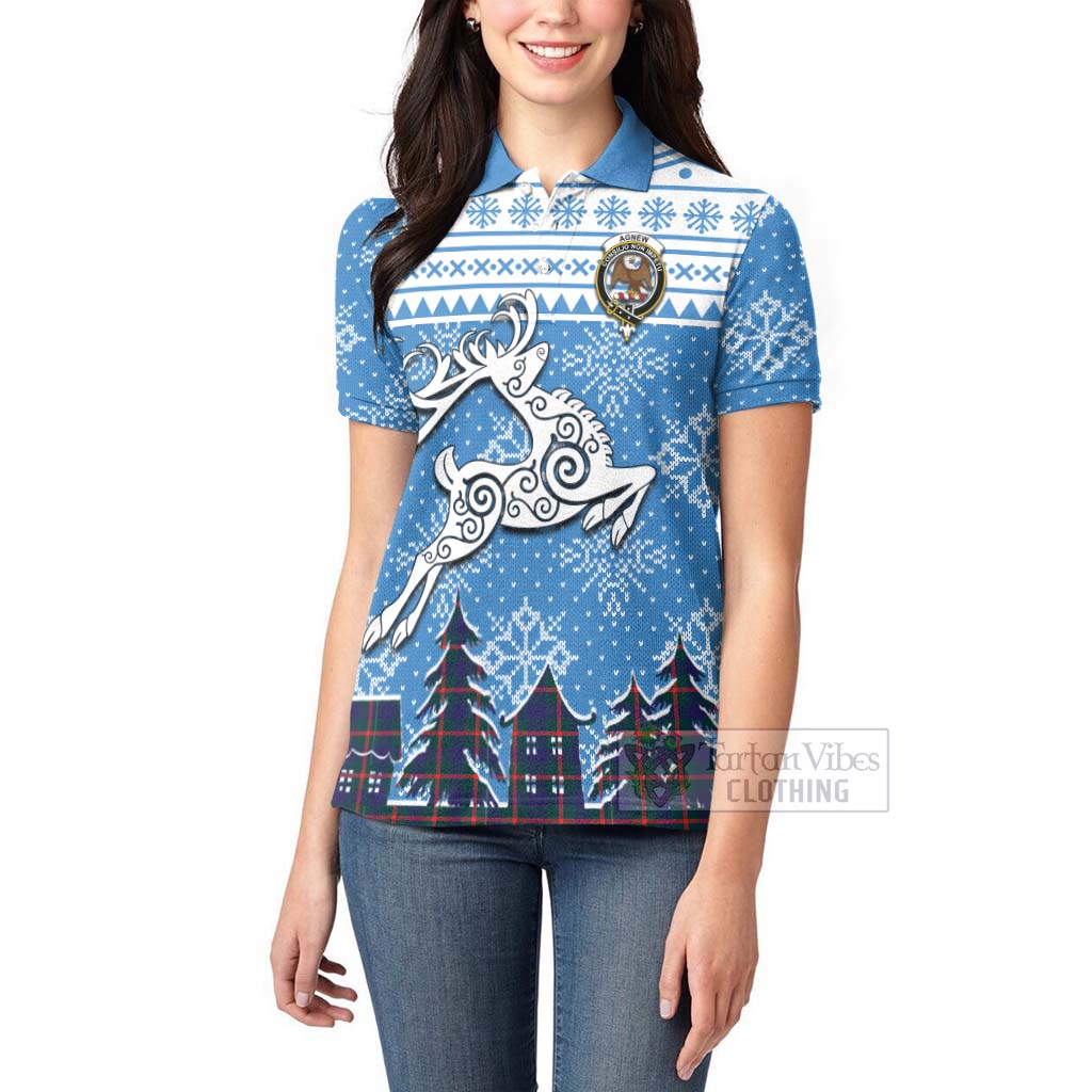 Tartan Vibes Clothing Agnew Clan Christmas Women's Polo Shirt Celtic Reindeer Style