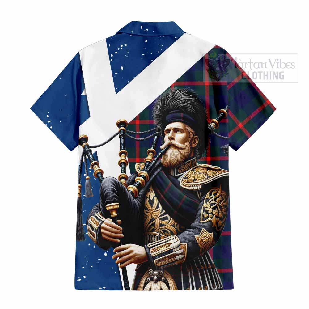 Tartan Vibes Clothing Agnew Tartan Short Sleeve Button Shirt with Family Crest Scottish Bagpiper Vibes