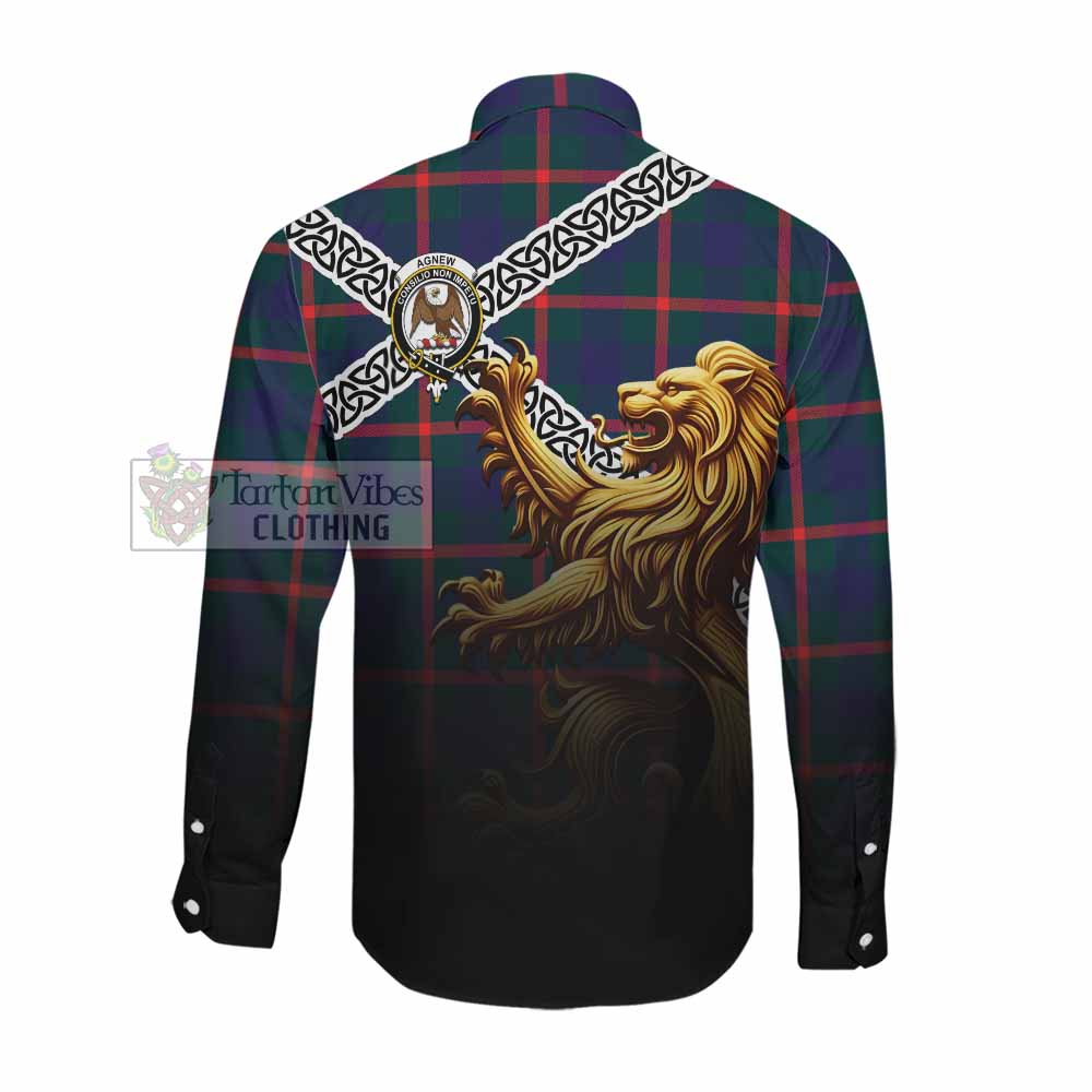Agnew Crest Tartan Long Sleeve Button Shirt with Golden Lion Emblem Celtic Style Men's Shirt - Tartan Vibes Clothing