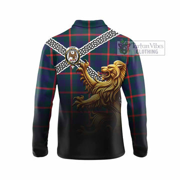 Agnew Crest Tartan Long Sleeve Polo Shirt with Golden Lion Emblem Celtic Style - Tartan Vibes Clothing