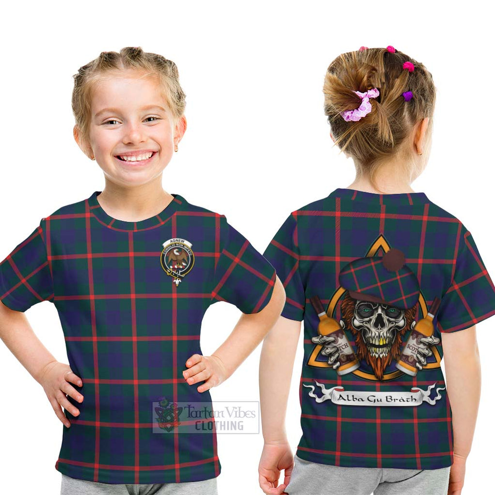 Tartan Vibes Clothing Agnew Tartan Kid T-Shirt with Family Crest and Bearded Skull Holding Bottles of Whiskey