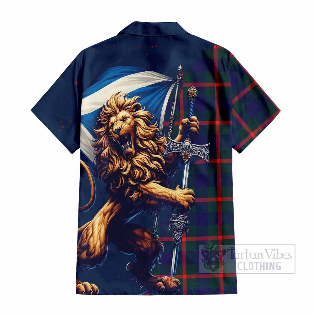 Tartan Vibes Clothing Agnew Tartan Family Crest Short Sleeve Button Shirt with Scottish Majestic Lion