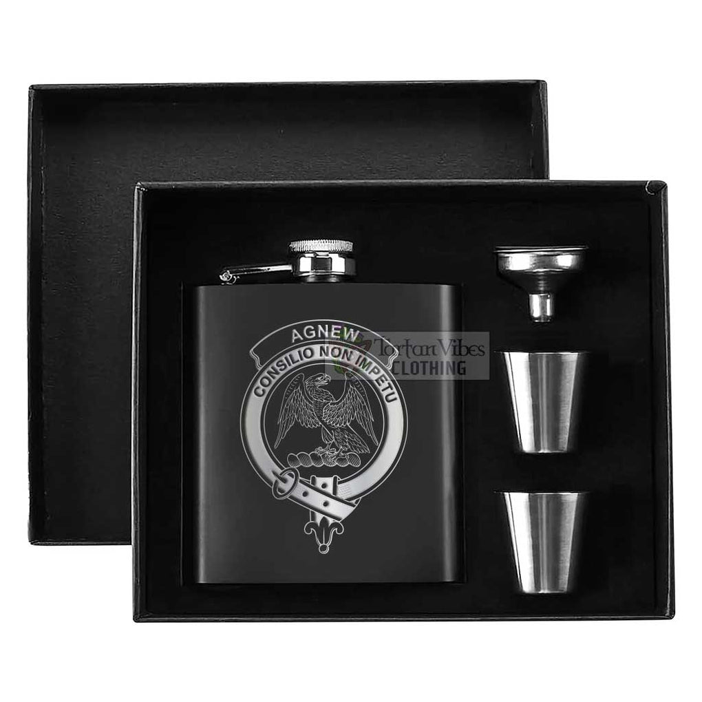 Tartan Vibes Clothing Agnew Crest Hip Flask Set 7oz Black Stainless Steel with A Gift Box