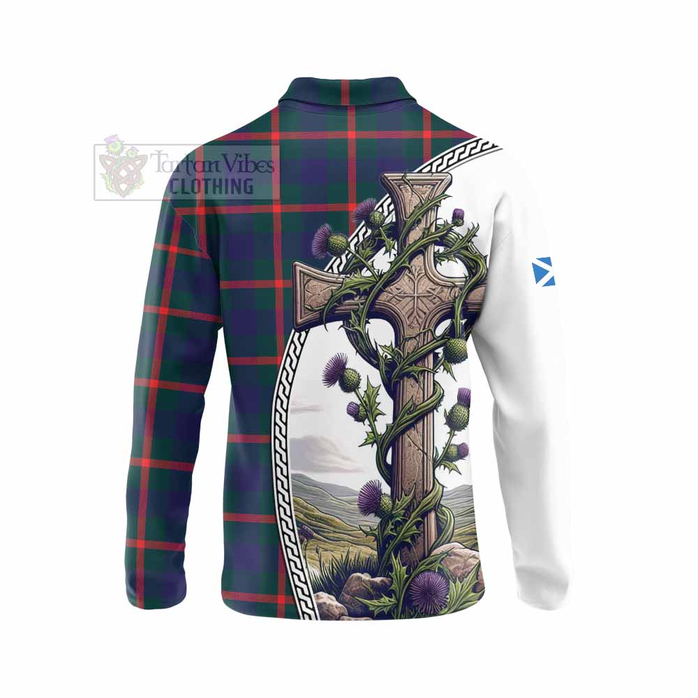 Tartan Vibes Clothing Agnew Tartan Long Sleeve Polo Shirt with Family Crest and St. Andrew's Cross Accented by Thistle Vines