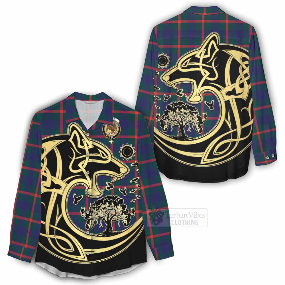 Tartan Vibes Clothing Agnew Tartan Women's Casual Shirt with Family Crest Celtic Wolf Style