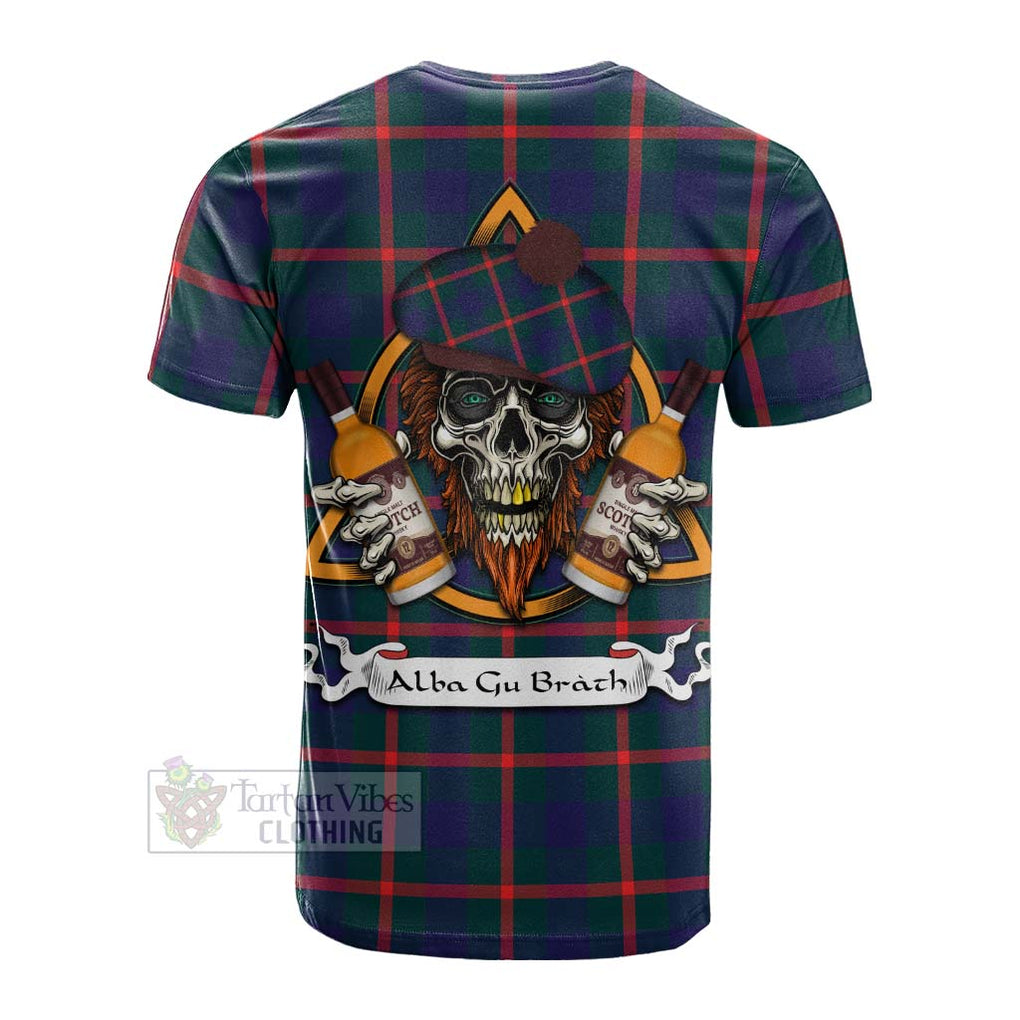 Tartan Vibes Clothing Agnew Tartan Cotton T-shirt with Family Crest and Bearded Skull Holding Bottles of Whiskey