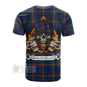 Agnew Tartan Cotton T-shirt with Family Crest and Bearded Skull Holding Bottles of Whiskey