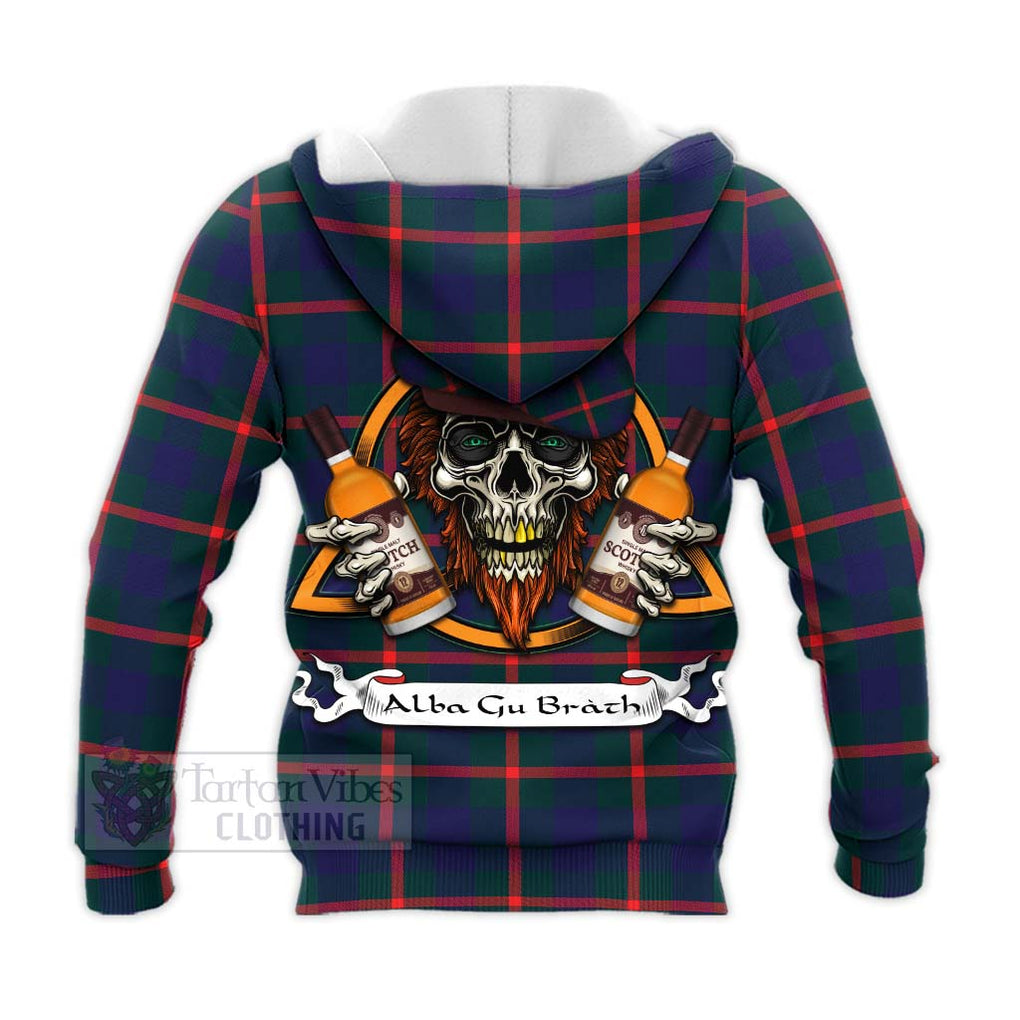 Tartan Vibes Clothing Agnew Tartan Knitted Hoodie with Family Crest and Bearded Skull Holding Bottles of Whiskey