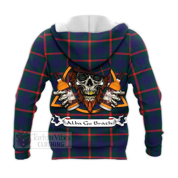 Agnew Tartan Knitted Hoodie with Family Crest and Bearded Skull Holding Bottles of Whiskey