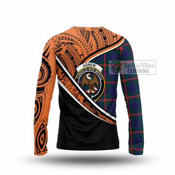 Agnew Crest Tartan Long Sleeve T-Shirt with Polynesian Vibes Style - Orange Version