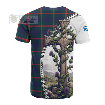 Agnew Tartan Cotton T-shirt with Family Crest and St. Andrew's Cross Accented by Thistle Vines