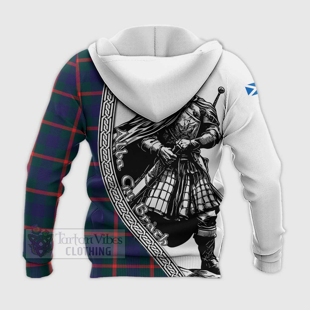 Tartan Vibes Clothing Agnew Tartan Clan Crest Knitted Hoodie with Highlander Warrior Celtic Style