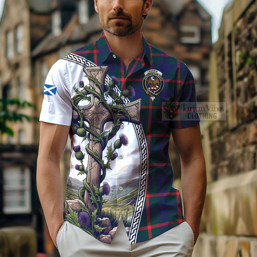 Tartan Vibes Clothing Agnew Tartan Short Sleeve Button Shirt with Family Crest and St. Andrew's Cross Accented by Thistle Vines