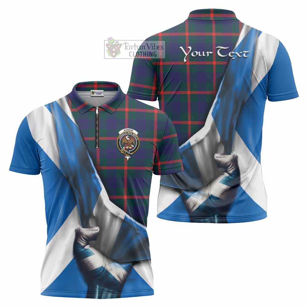 Tartan Vibes Clothing Agnew Tartan Zipper Polo Shirt with Family Crest Scotland Patriotic Style