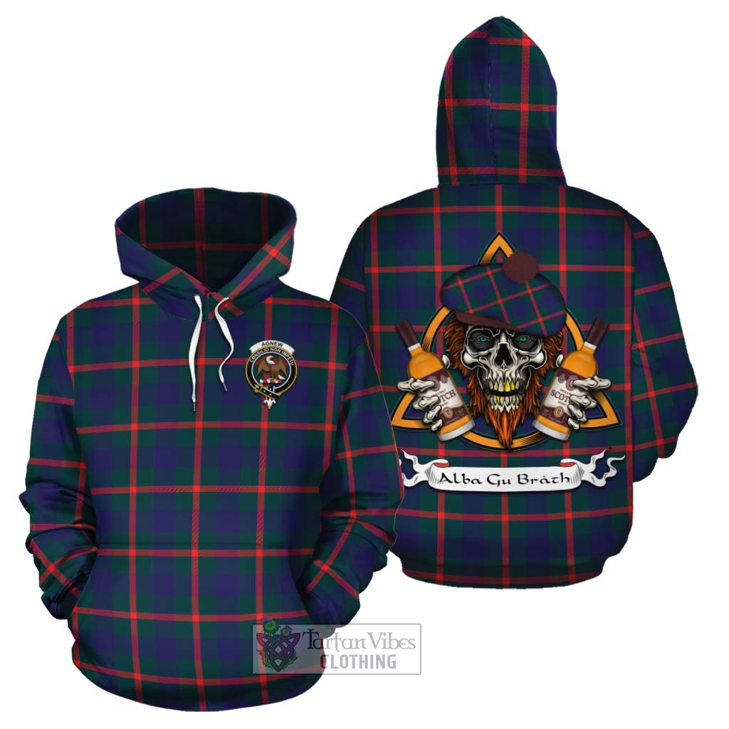 Tartan Vibes Clothing Agnew Tartan Cotton Hoodie with Family Crest and Bearded Skull Holding Bottles of Whiskey