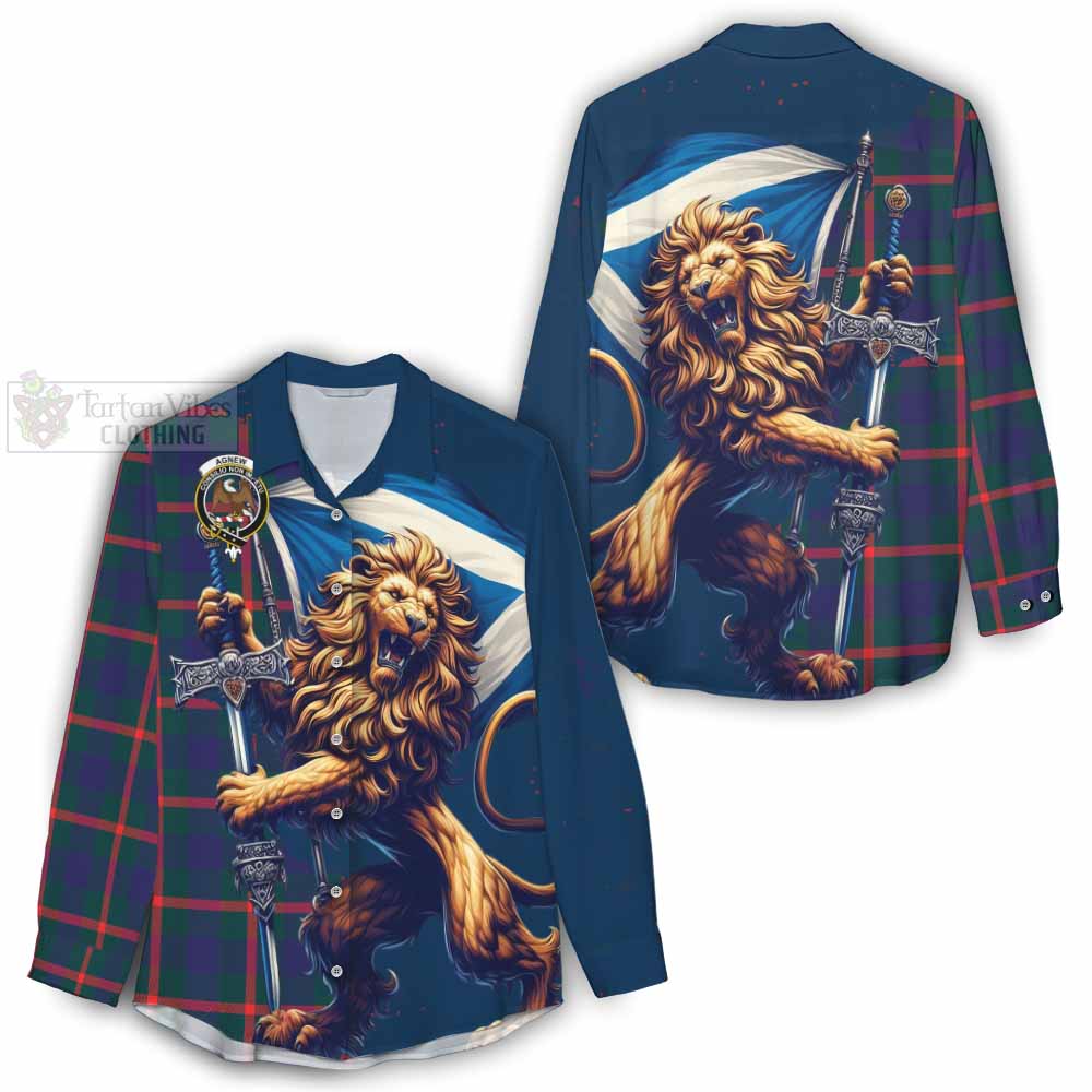 Tartan Vibes Clothing Agnew Tartan Family Crest Women's Casual Shirt with Scottish Majestic Lion