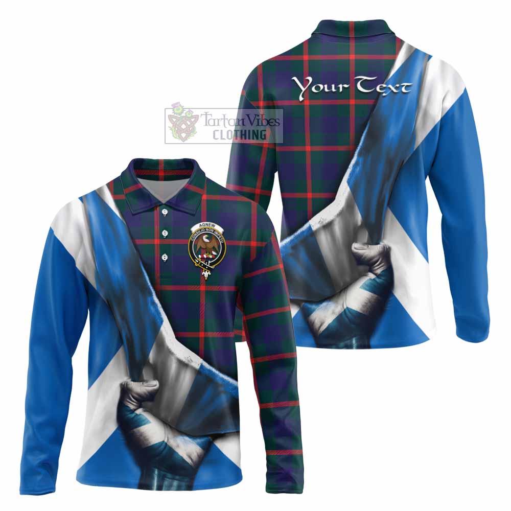 Tartan Vibes Clothing Agnew Tartan Long Sleeve Polo Shirt with Family Crest Scotland Patriotic Style