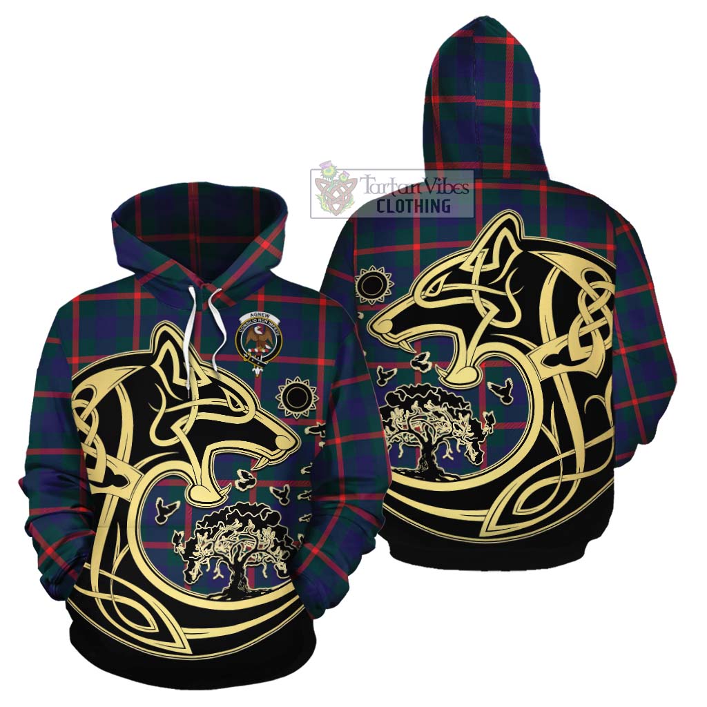 Tartan Vibes Clothing Agnew Tartan Cotton Hoodie with Family Crest Celtic Wolf Style