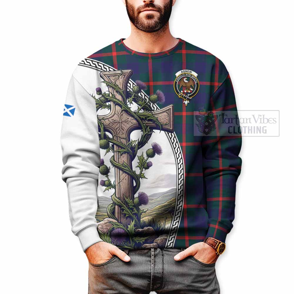 Tartan Vibes Clothing Agnew Tartan Sweatshirt with Family Crest and St. Andrew's Cross Accented by Thistle Vines