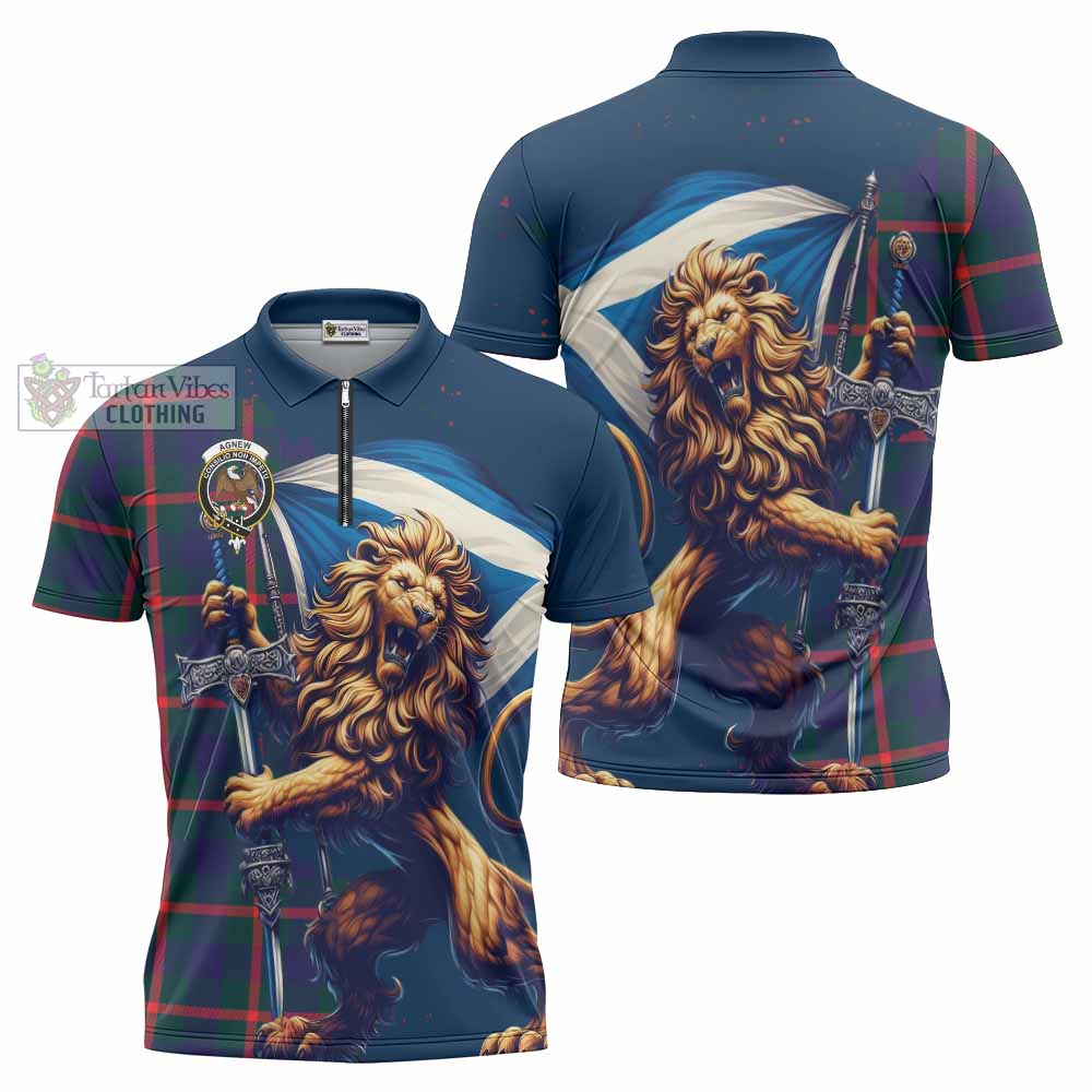 Tartan Vibes Clothing Agnew Tartan Family Crest Zipper Polo Shirt with Scottish Majestic Lion