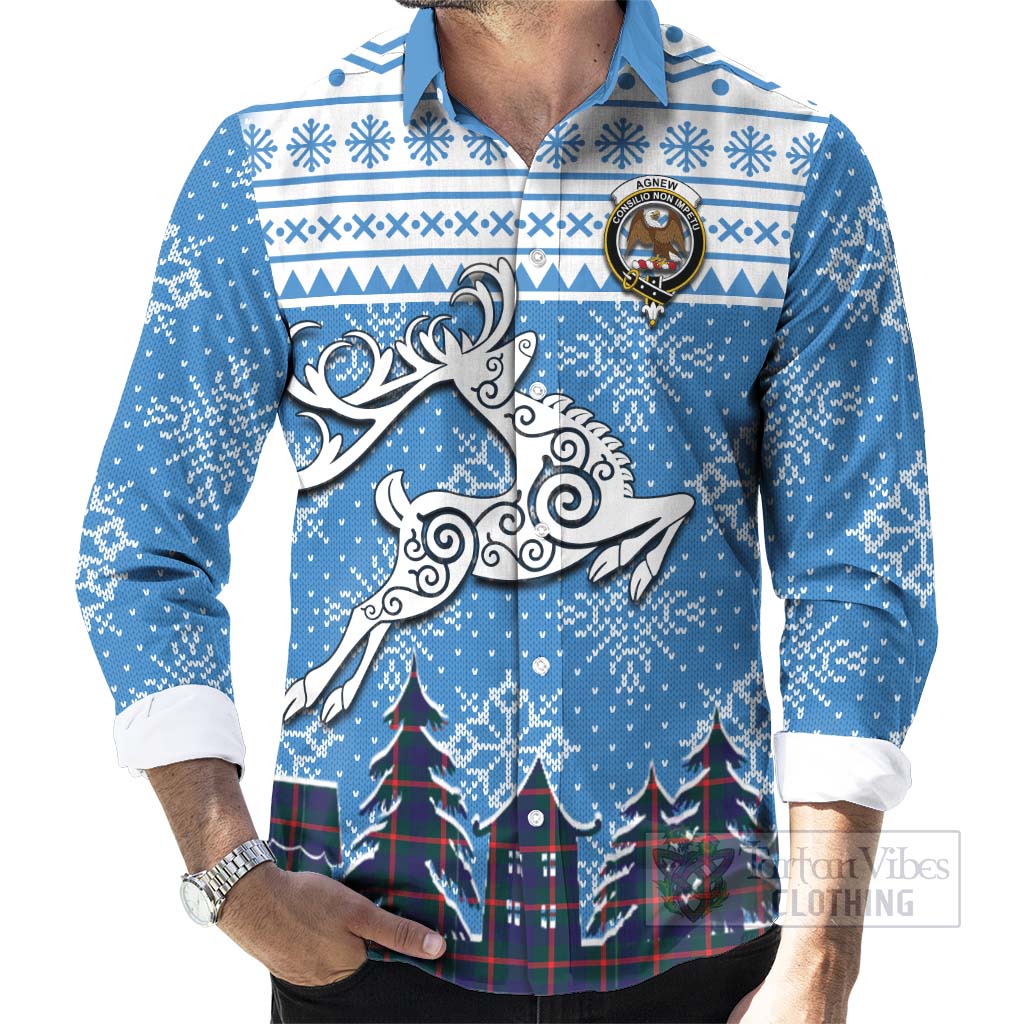 Tartan Vibes Clothing Agnew Clan Christmas Long Sleeve Button Shirt Celtic Reindeer Style