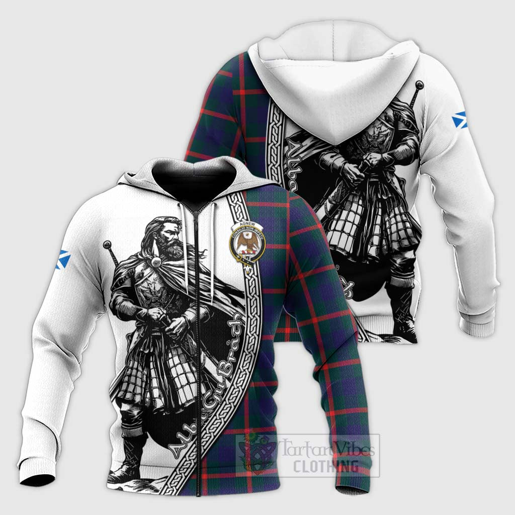 Tartan Vibes Clothing Agnew Tartan Clan Crest Knitted Hoodie with Highlander Warrior Celtic Style