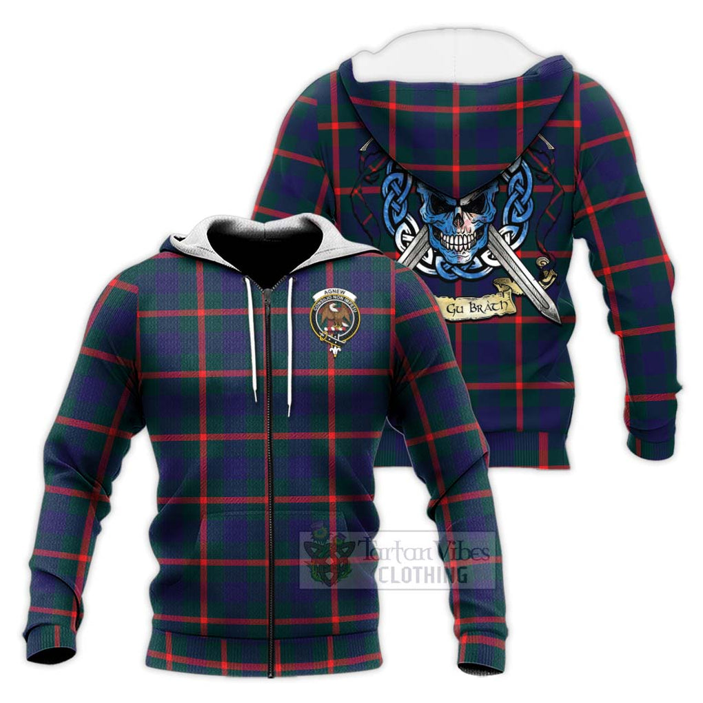 Tartan Vibes Clothing Agnew Tartan Knitted Hoodie with Family Crest Celtic Skull Style