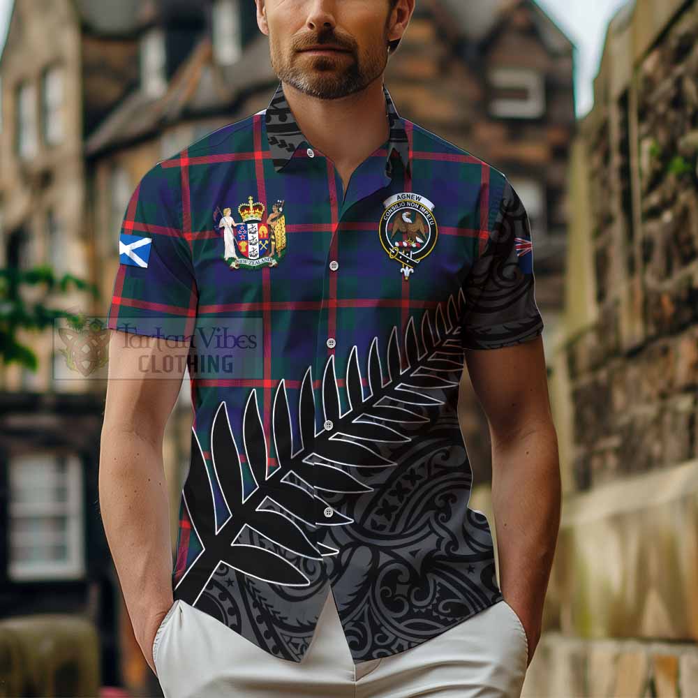 Tartan Vibes Clothing Agnew Crest Tartan Short Sleeve Button Shirt with New Zealand Silver Fern Half Style