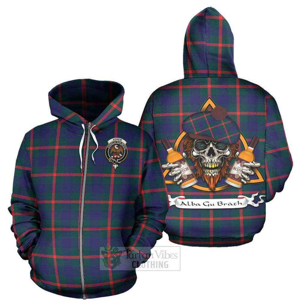 Tartan Vibes Clothing Agnew Tartan Hoodie with Family Crest and Bearded Skull Holding Bottles of Whiskey