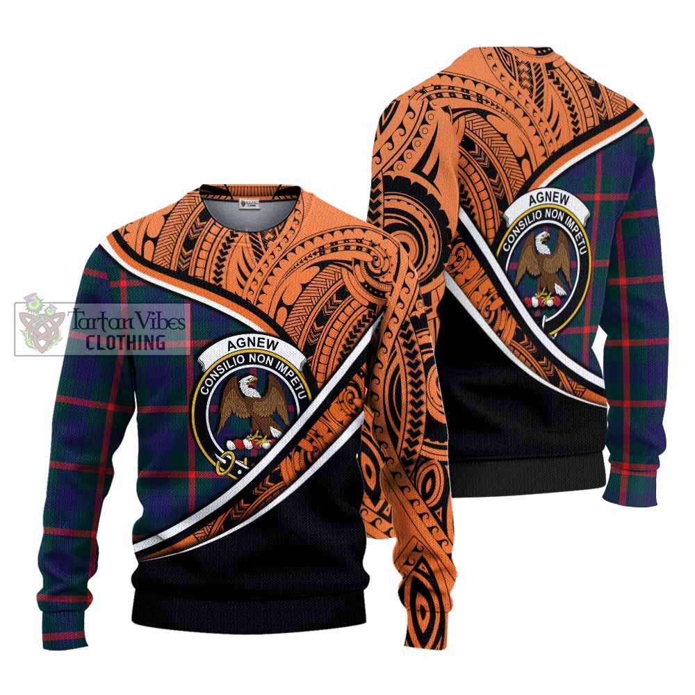 Tartan Vibes Clothing Agnew Crest Tartan Knitted Sweater with Maori Tattoo Style - Orange Version