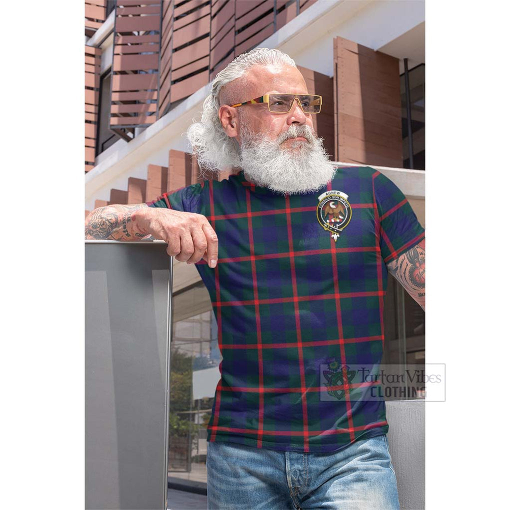 Tartan Vibes Clothing Agnew Tartan Cotton T-shirt with Family Crest and Bearded Skull Holding Bottles of Whiskey