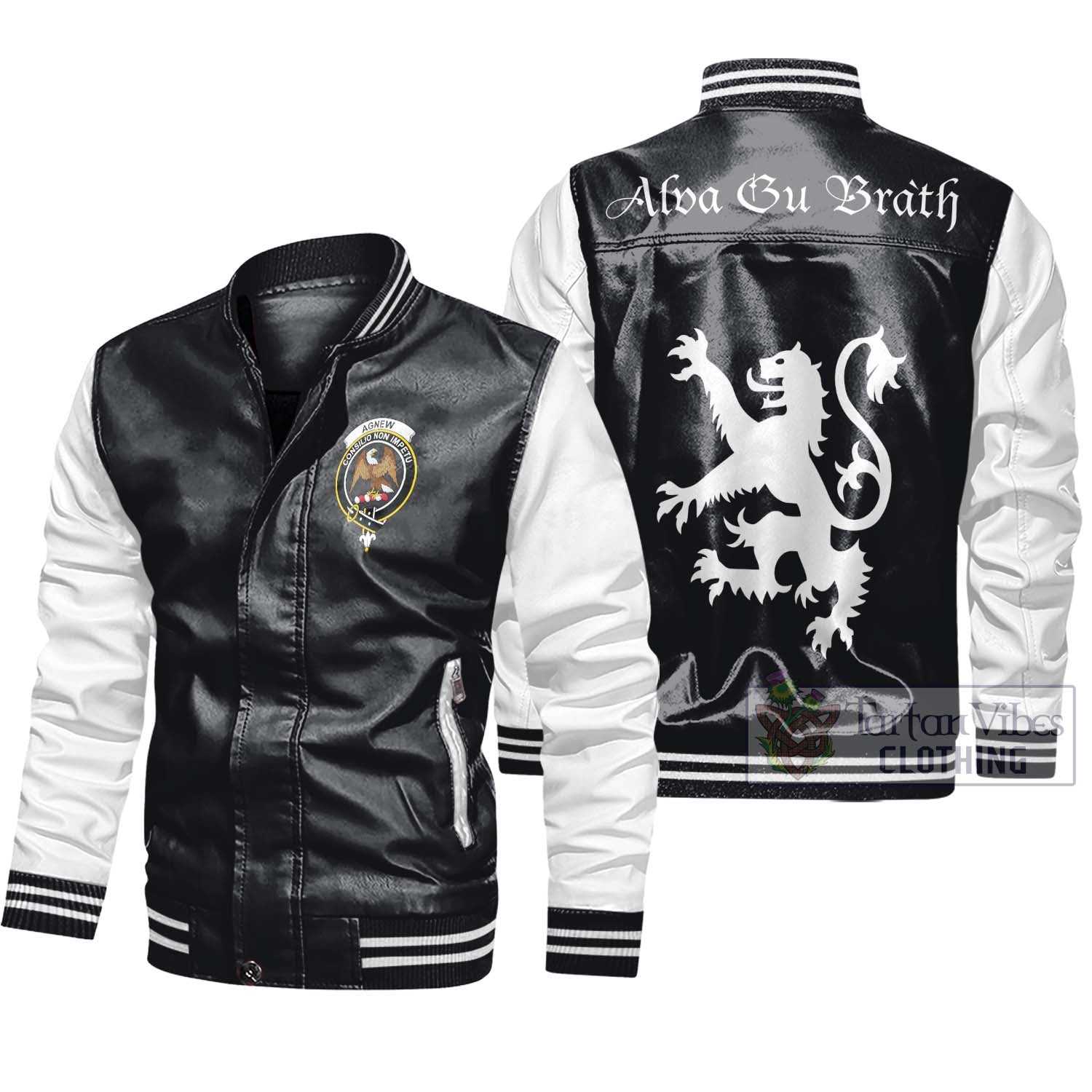 Tartan Vibes Clothing Agnew Family Crest Leather Bomber Jacket Lion Rampant Alba Gu Brath Style