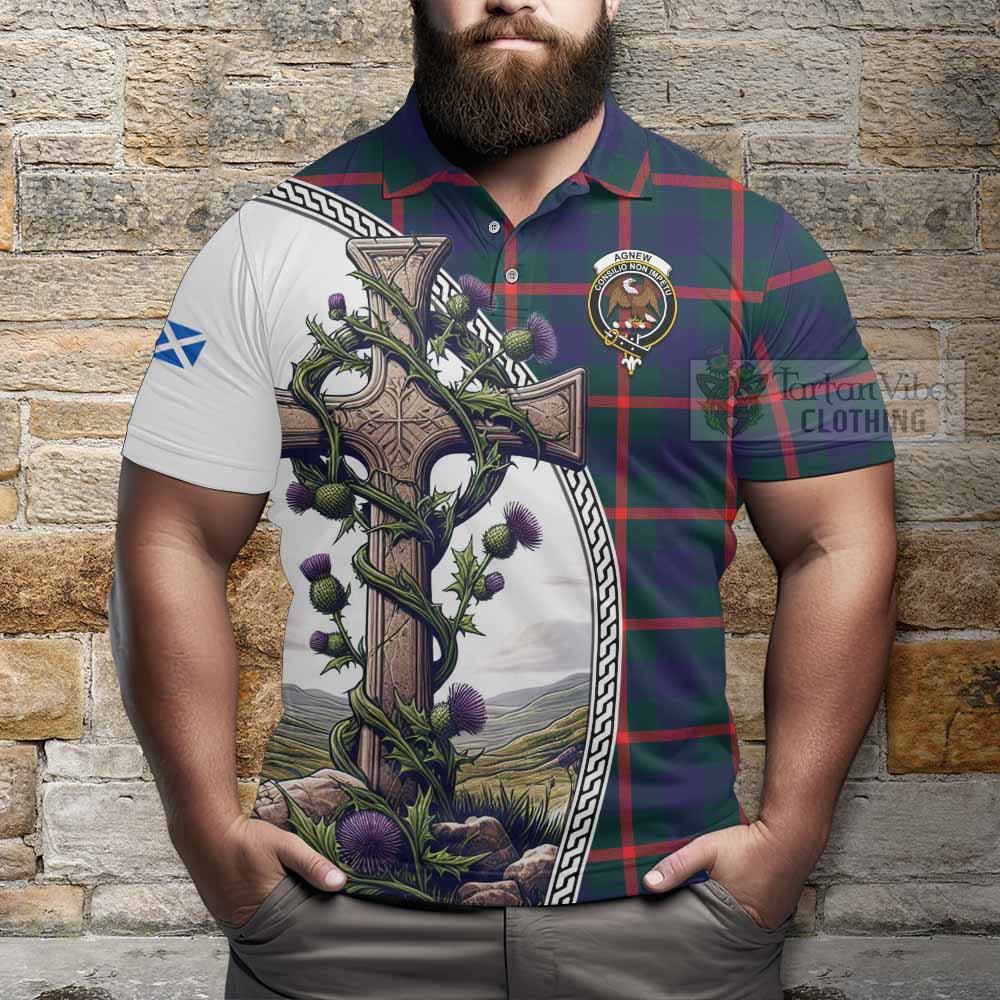 Tartan Vibes Clothing Agnew Tartan Polo Shirt with Family Crest and St. Andrew's Cross Accented by Thistle Vines