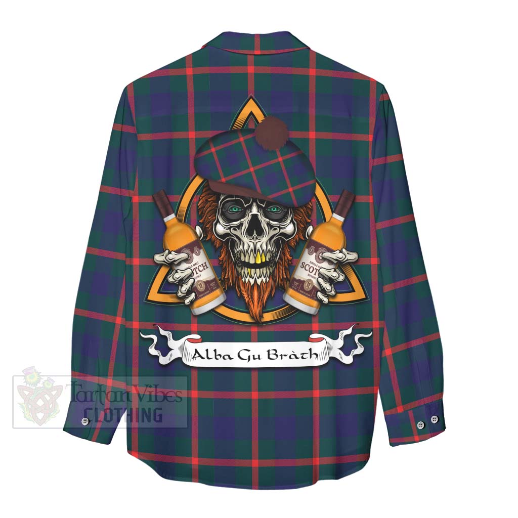 Tartan Vibes Clothing Agnew Tartan Women's Casual Shirt with Family Crest and Bearded Skull Holding Bottles of Whiskey