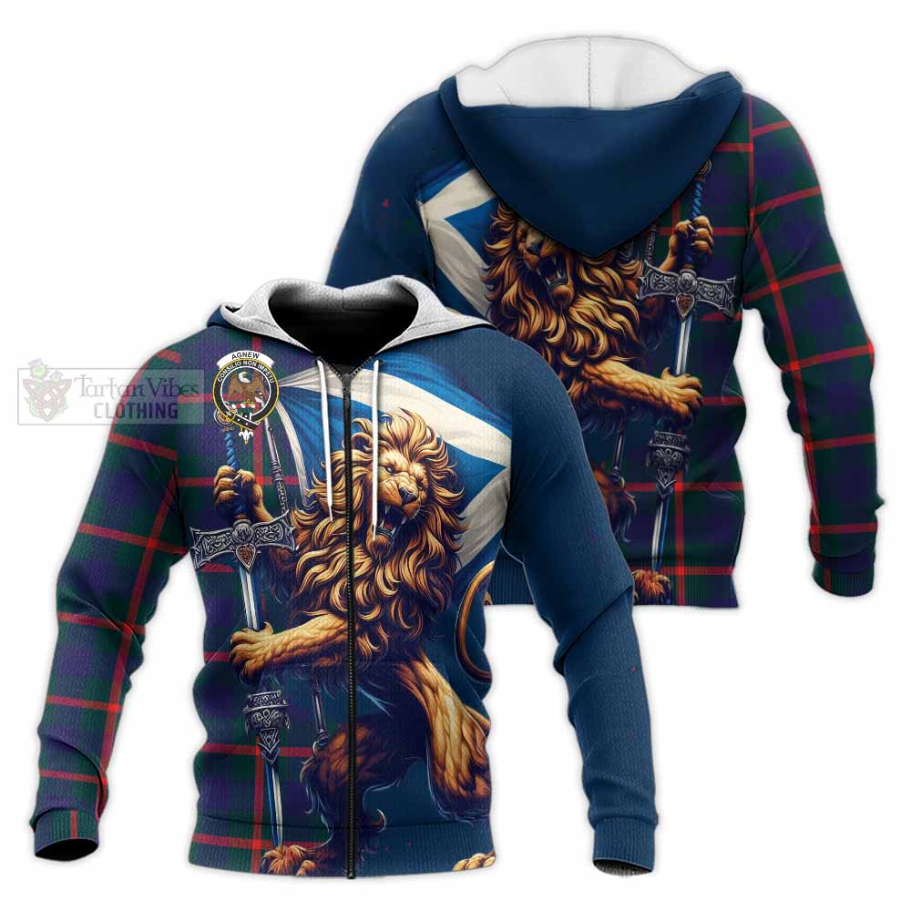 Tartan Vibes Clothing Agnew Tartan Family Crest Knitted Hoodie with Scottish Majestic Lion